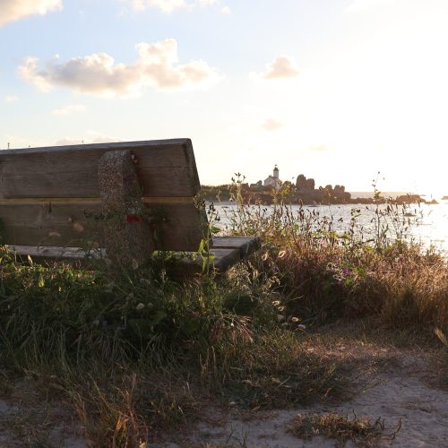 Holzbank mit Blick auf den See in der Abendsonne